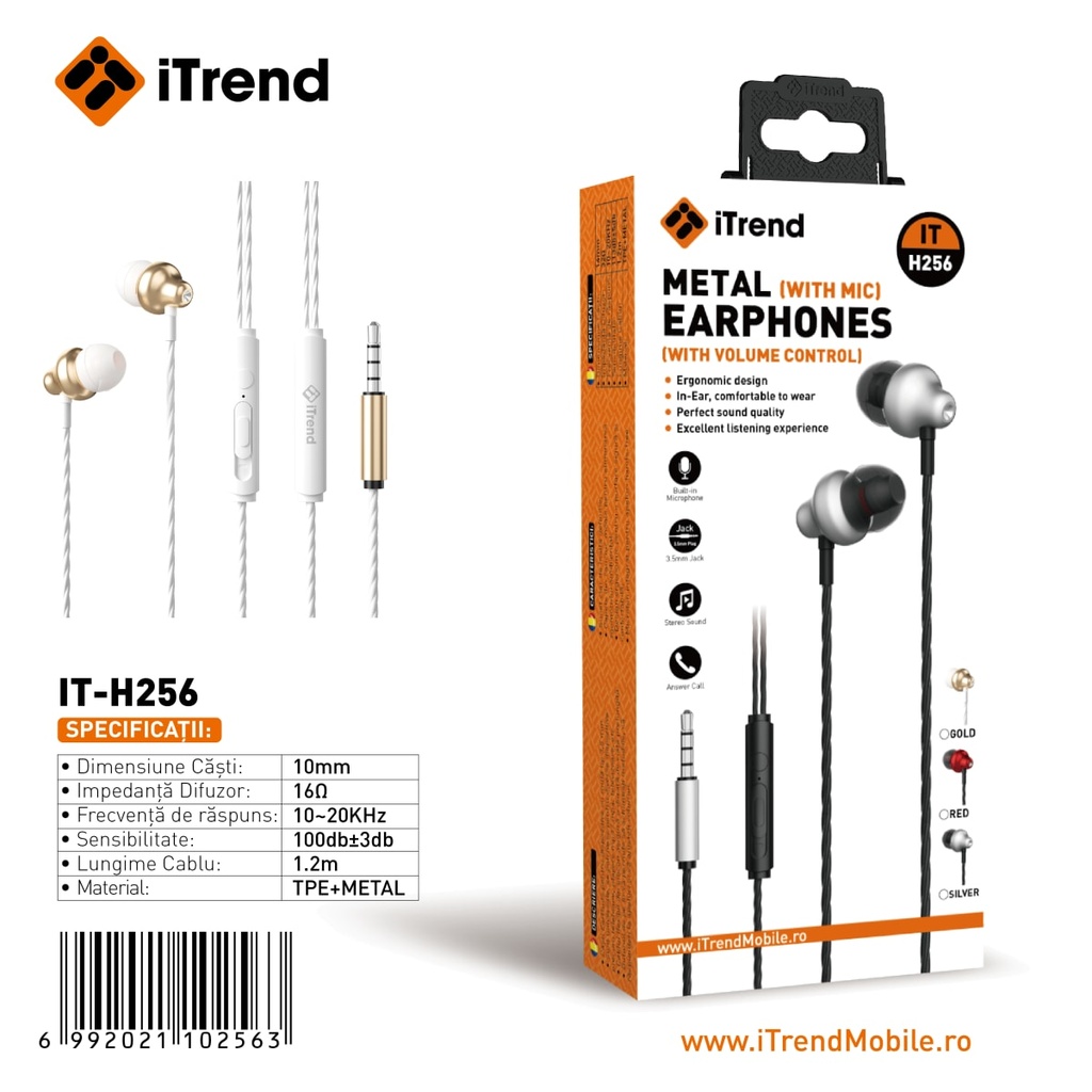 [H256-GL] Casti cu Fir, 3.5mm, 1.2m, In Ear, Microfon si Volum pe Fir, GOLD (H256)