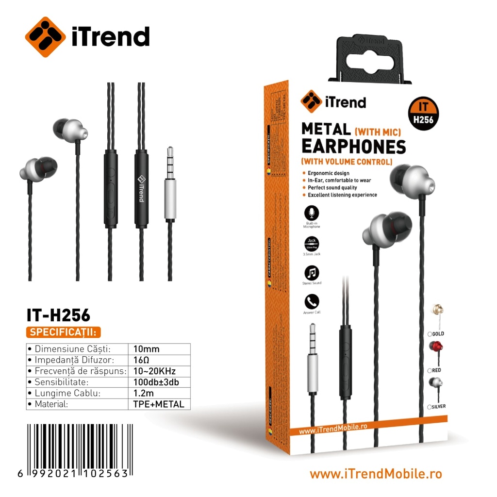 [H256-GY] Casti cu Fir, 3.5mm, 1.2m, In Ear, Microfon si Volum pe Fir, GRI (H256)
