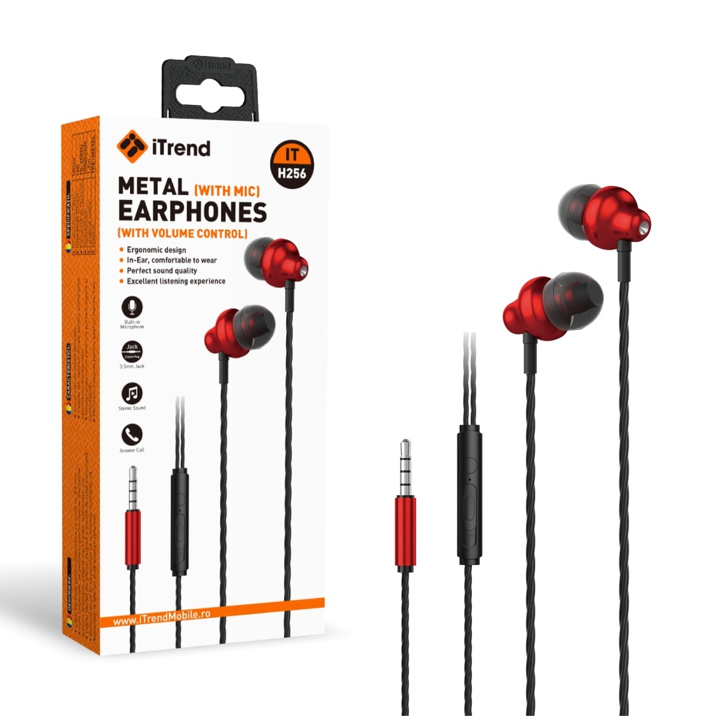 [H256-RD] Wired Earphones, 3.5mm, 1.2m, In Ear, In-Line Microphone and Volume, RED (H256)