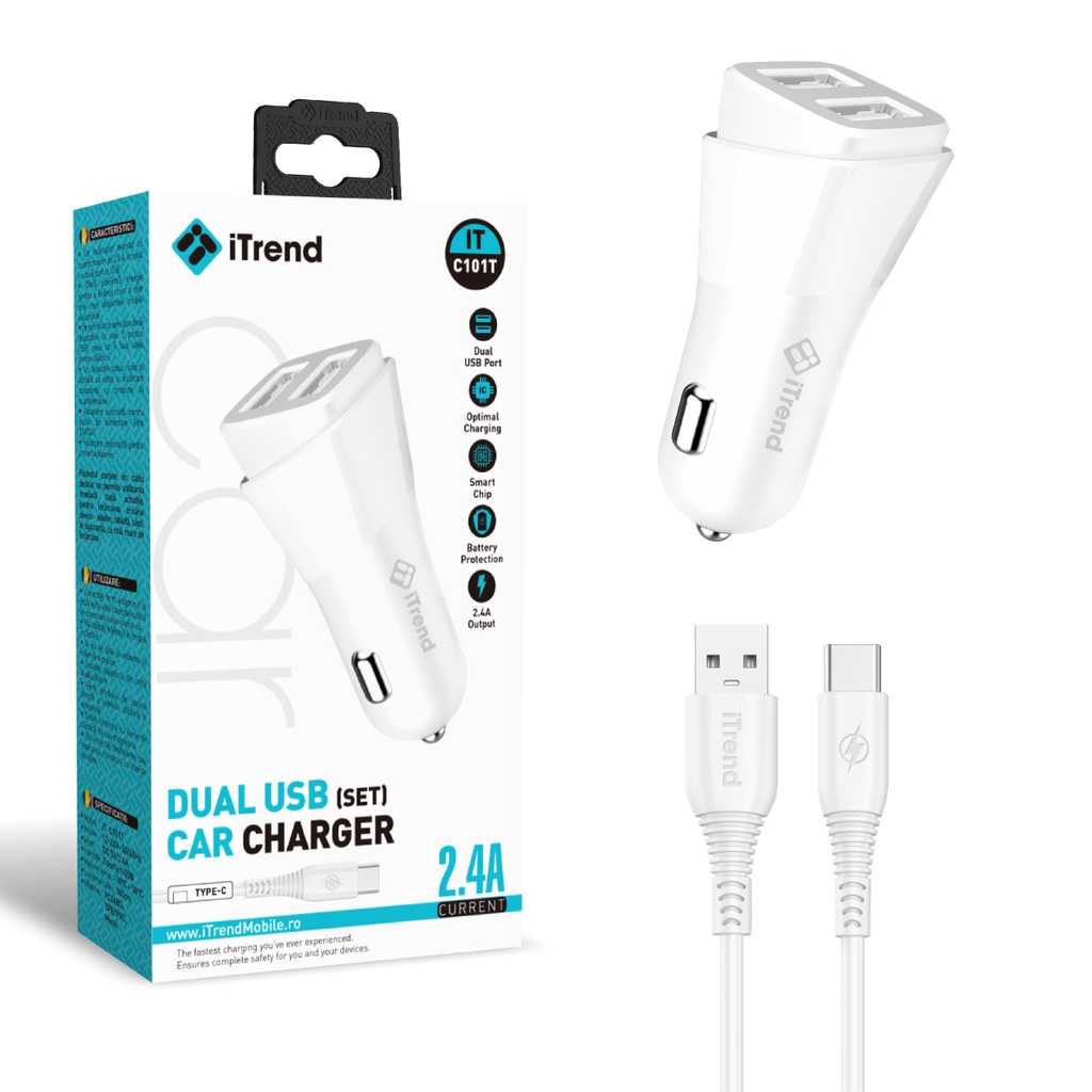 [C101T-WH] Incarcator Auto cu Cablu USB-C, 1m, 2.4A, 2xUSB-A, ALB (C101T)