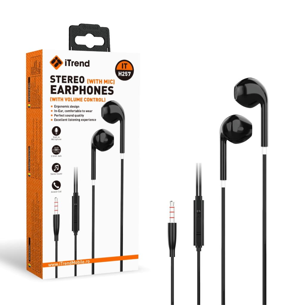 [H257-BK] Wired Earphones, 3.5mm, 1.2m, EarBuds, In-Line Microphone and Volume, BLACK (H257)