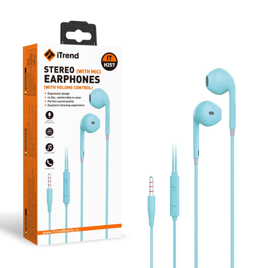 [H257-BL] Casti cu Fir, 3.5mm, 1.2m, EarBuds, Microfon si Volum pe Fir, BLUE (H257)