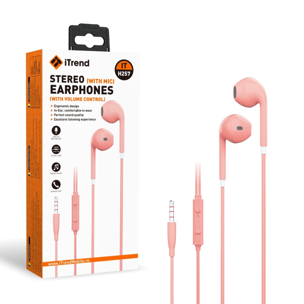 [H257-PK] Casti cu Fir, 3.5mm, 1.2m, EarBuds, Microfon si Volum pe Fir, ROZ (H257)