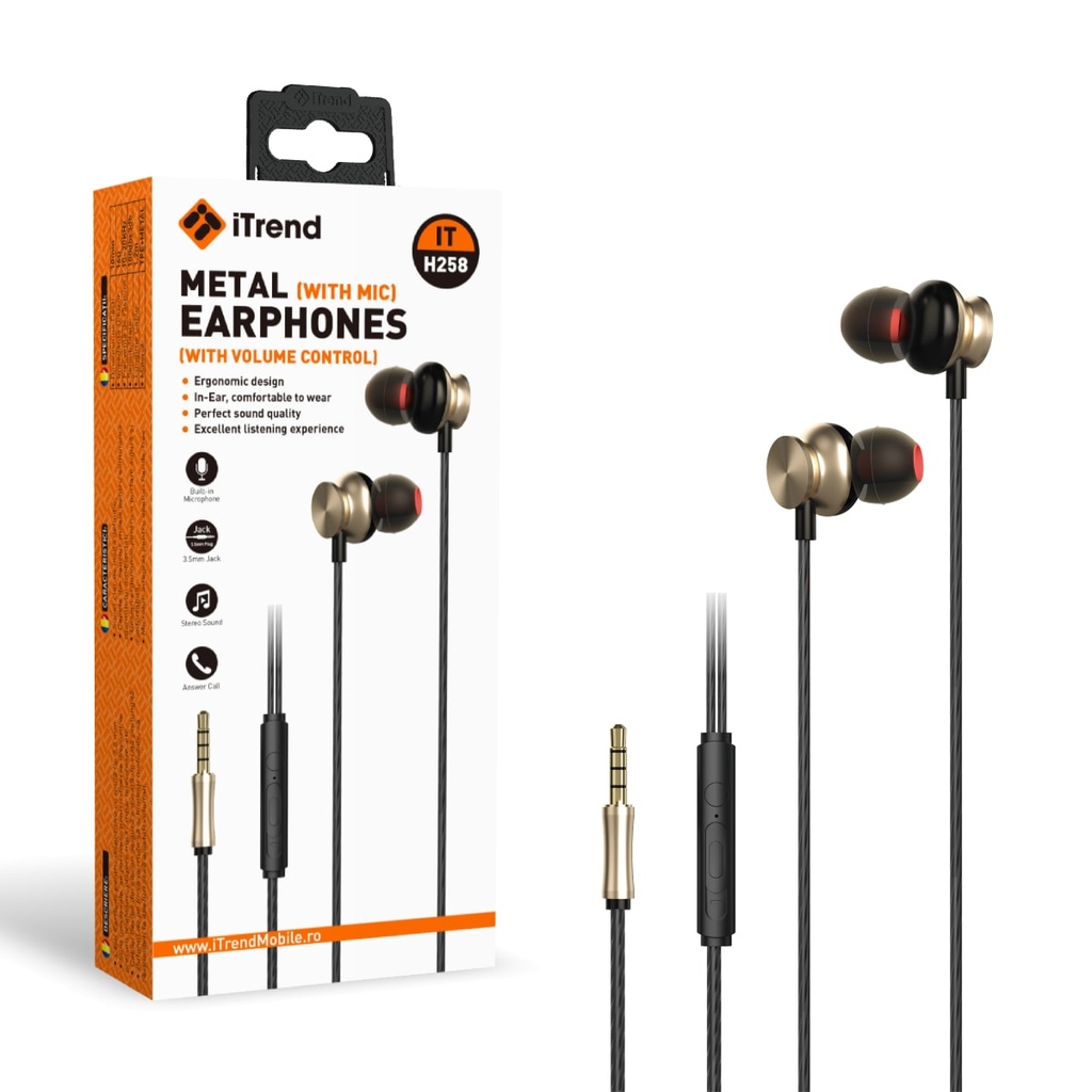 [H258-GL] Casti cu Fir, 3.5mm, 1.2m, In Ear, Microfon si Volum pe Fir, GOLD (H258)