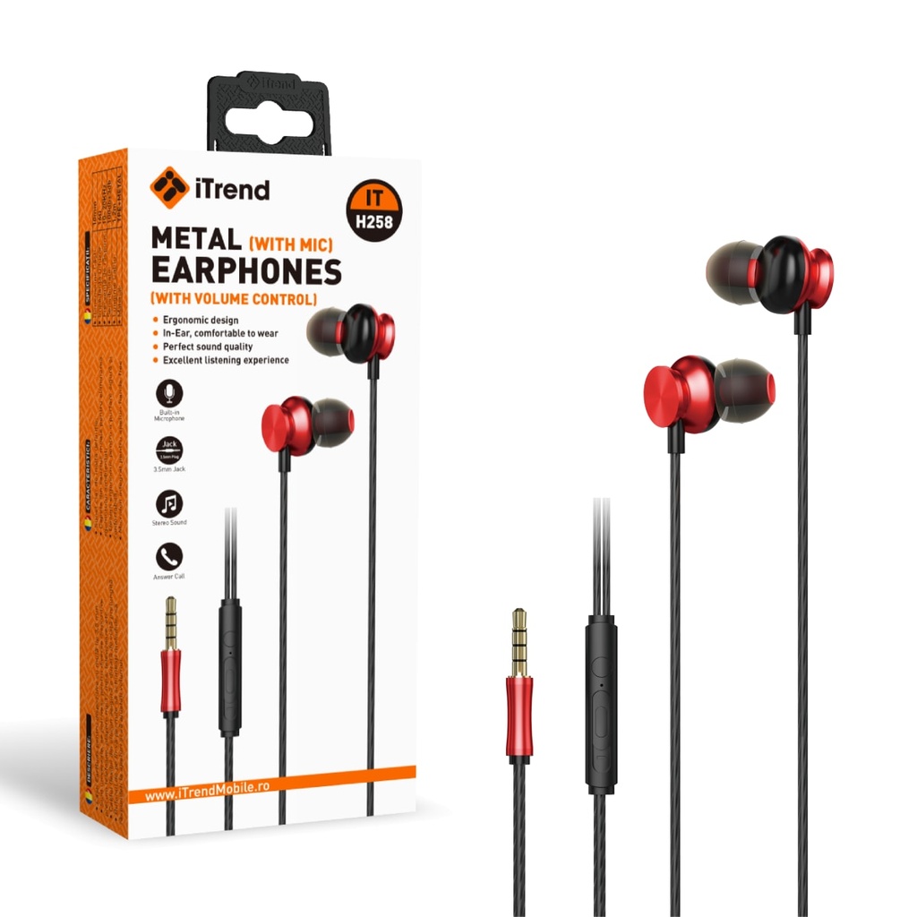 [H258-RD] Casti cu Fir, 3.5mm, 1.2m, In Ear, Microfon si Volum pe Fir, ROSU (H258)