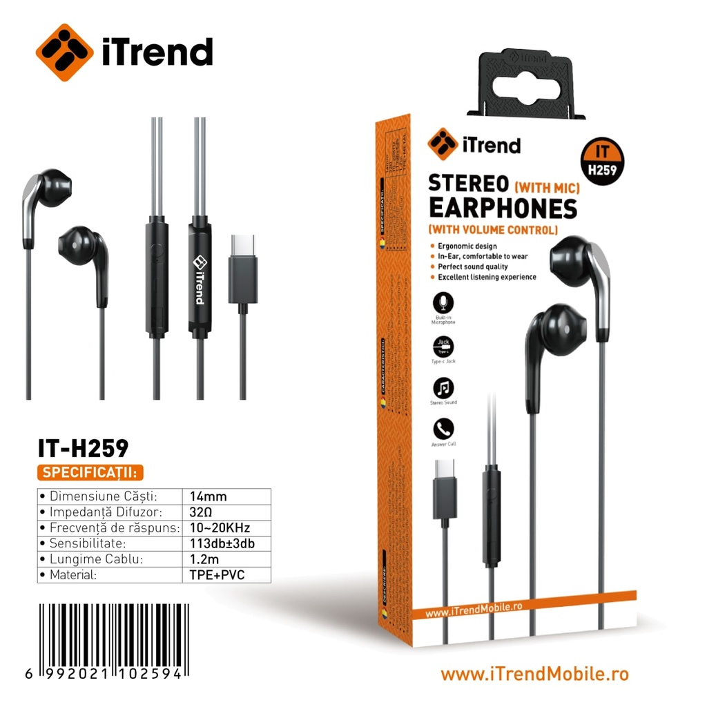 [H259-BK] Casti cu Fir, USB-C, 1.2m, EarBuds, Microfon si Volum pe Fir, NEGRU (H259)