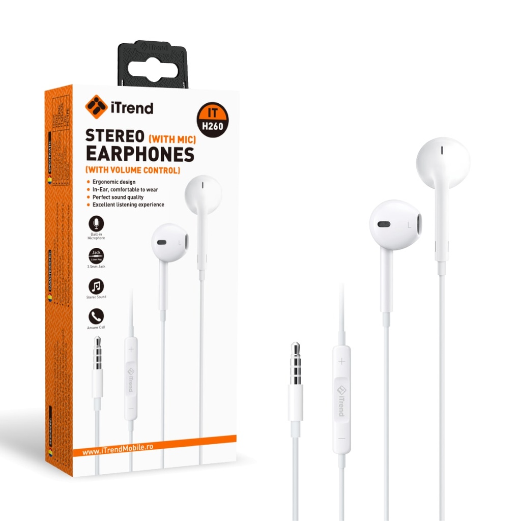 [H260-WH] Casti cu Fir, 3.5mm, 1.2m, EarBuds, Microfon si Volum pe Fir, ALB (H260)