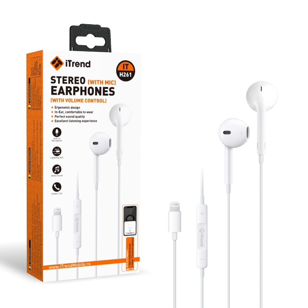 [H261-WH] Casti cu Fir, Lightning, 1.2m, EarBuds, Microfon si Volum pe Fir, ALB (H261)