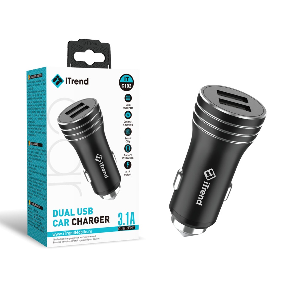 [C102-BK] Incarcator Auto, 3.1A, 2xUSB-A, NEGRU (C102)