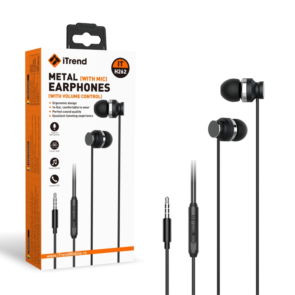 [H262-BK] Casti cu Fir, 3.5mm, 1.2m, In Ear, Microfon si Volum pe Fir, NEGRU (H262)