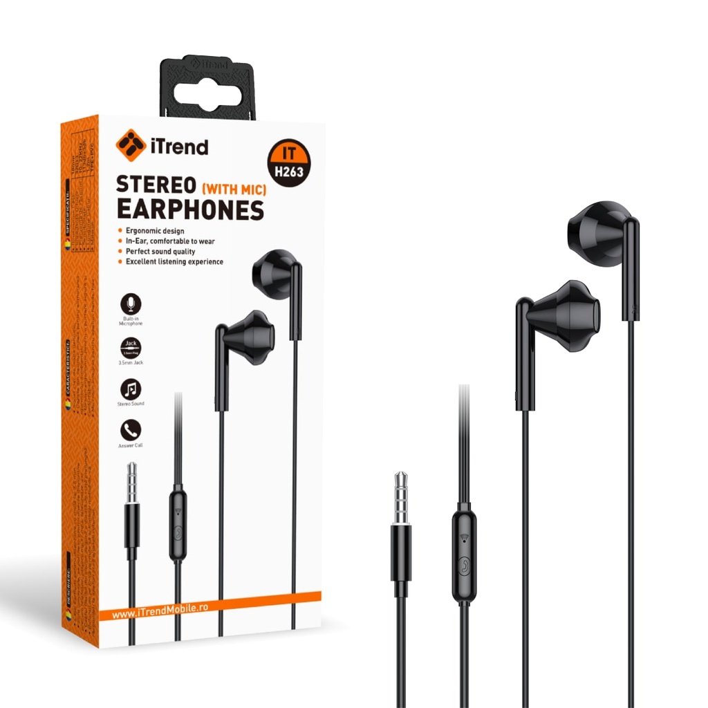 [H263-BK] Casti cu Fir, 3.5mm, 1.2m, EarBuds, Microfon pe Fir, NEGRU (H263)