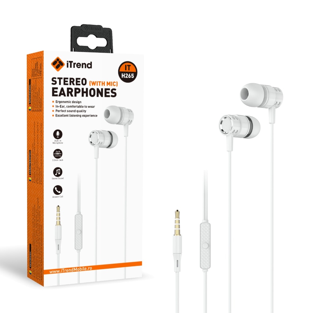 [H265-WH] Casti cu Fir, 3.5mm, 1.2m, In Ear, Microfon pe Fir, ALB (H265)