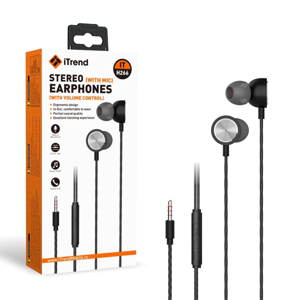 [H266-BK] Casti cu Fir, 3.5mm, 1.2m, In Ear, Microfon si Volum pe Fir, NEGRU (H266)