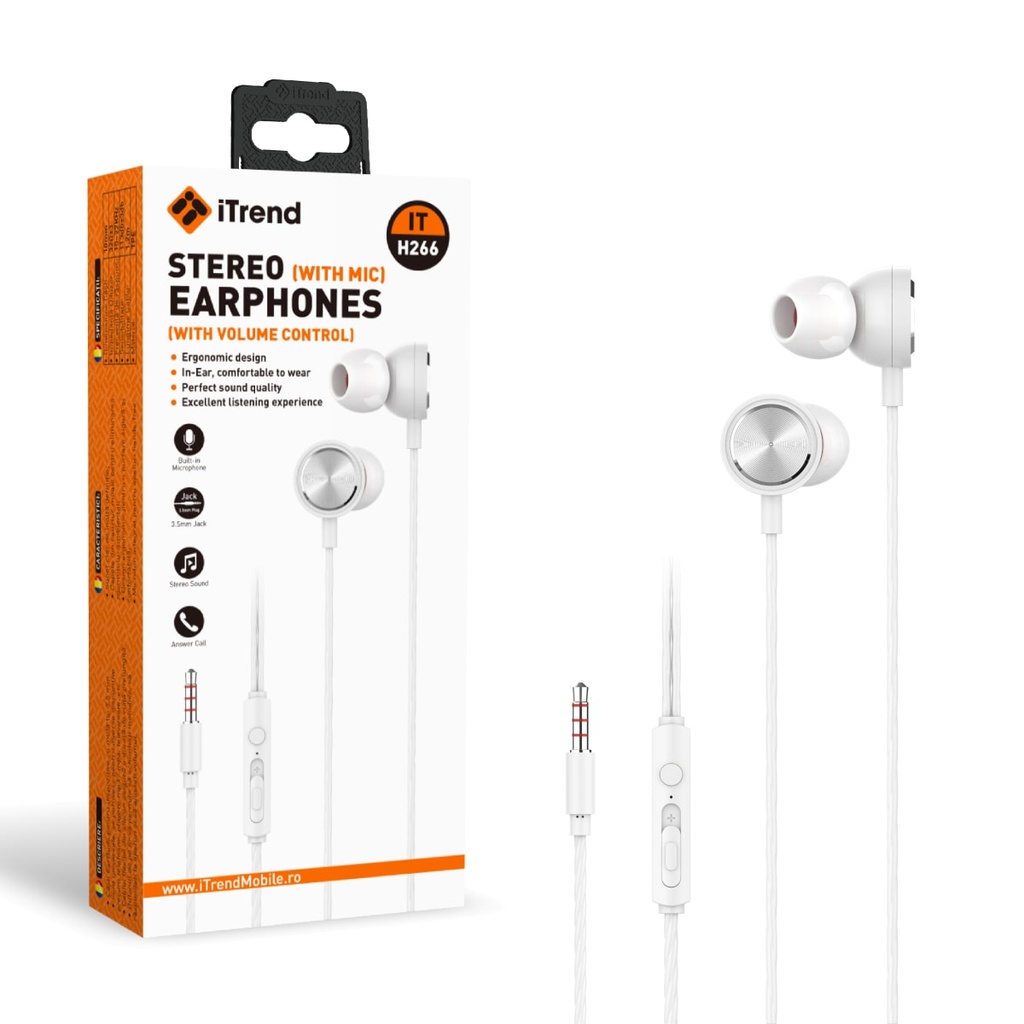 [H266-WH] Casti cu Fir, 3.5mm, 1.2m, In Ear, Microfon si Volum pe Fir, ALB (H266)