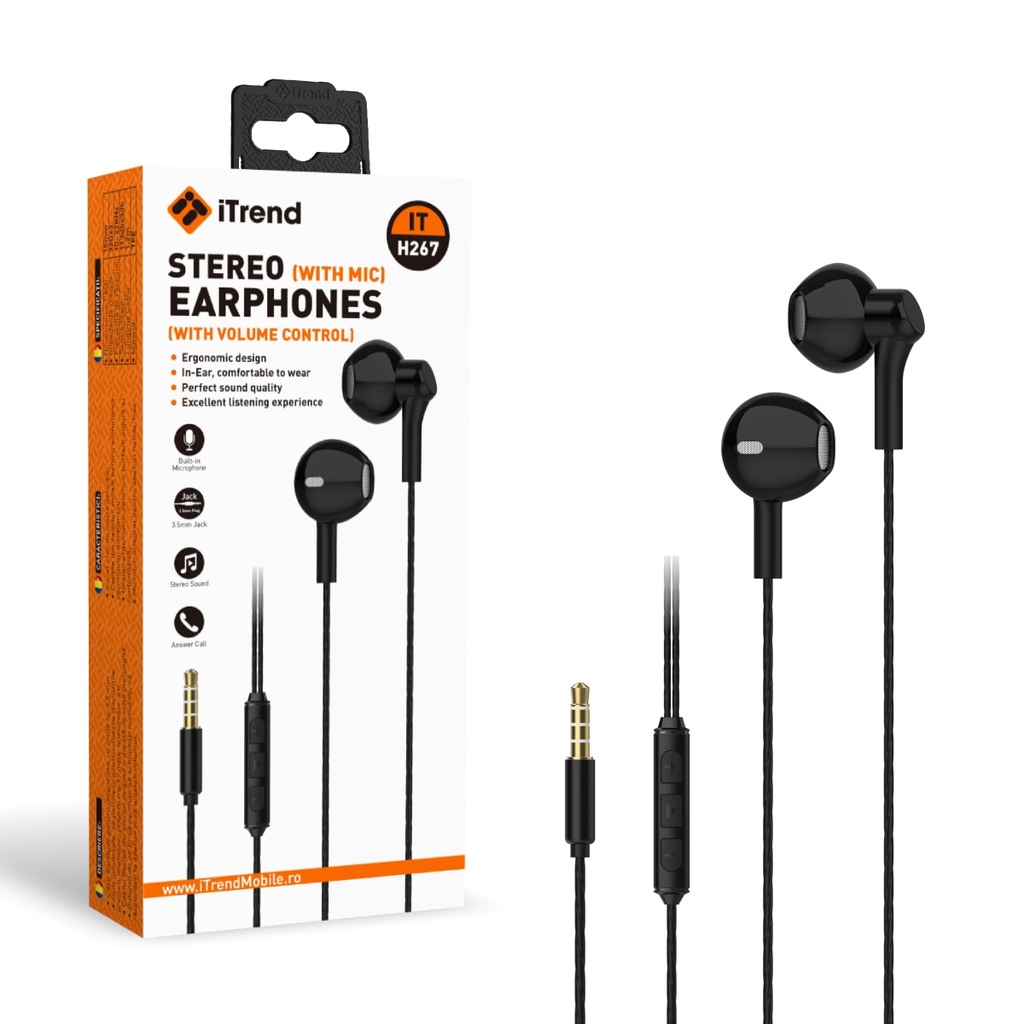 [H267-BK] Casti cu Fir, 3.5mm, 1.2m, EarBuds, Microfon si Volum pe Fir, NEGRU (H267)