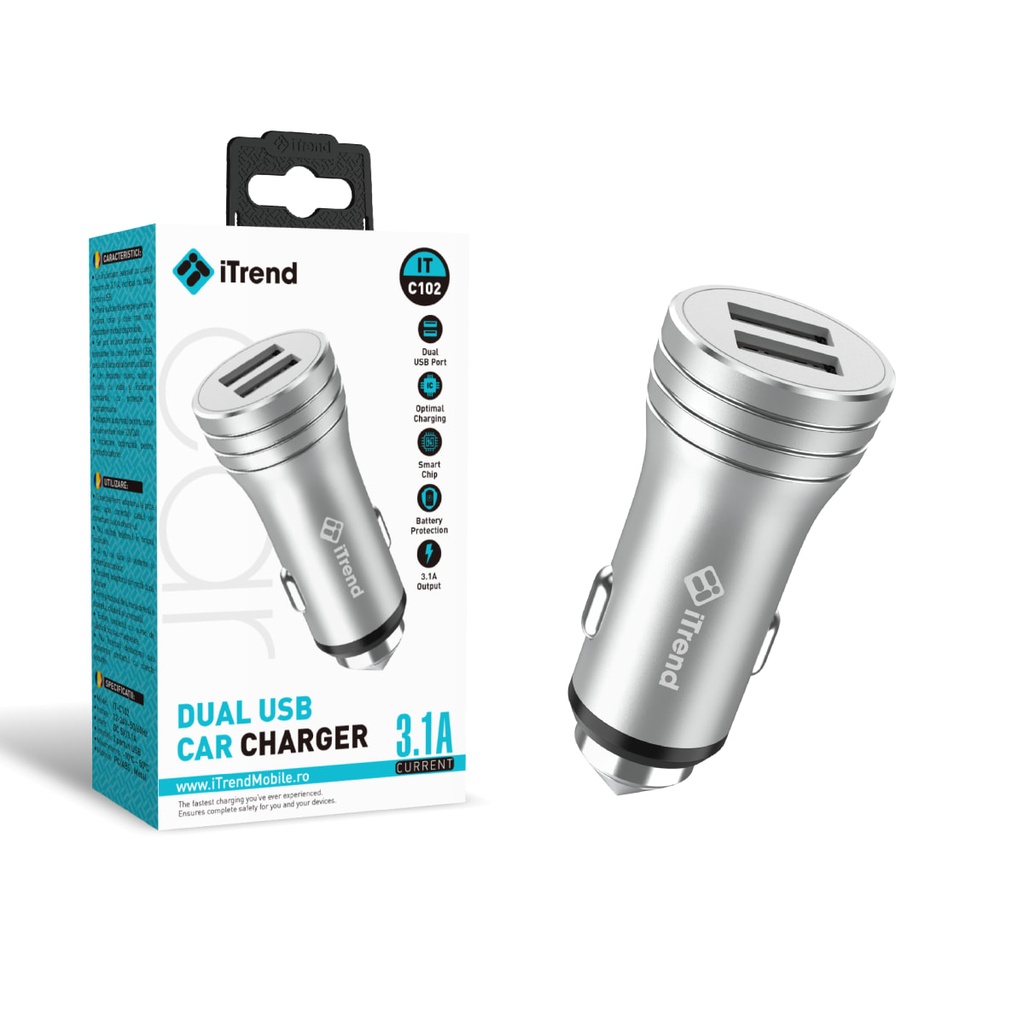 [C102-SL] Incarcator Auto, 3.1A, 2xUSB-A, SILVER (C102)
