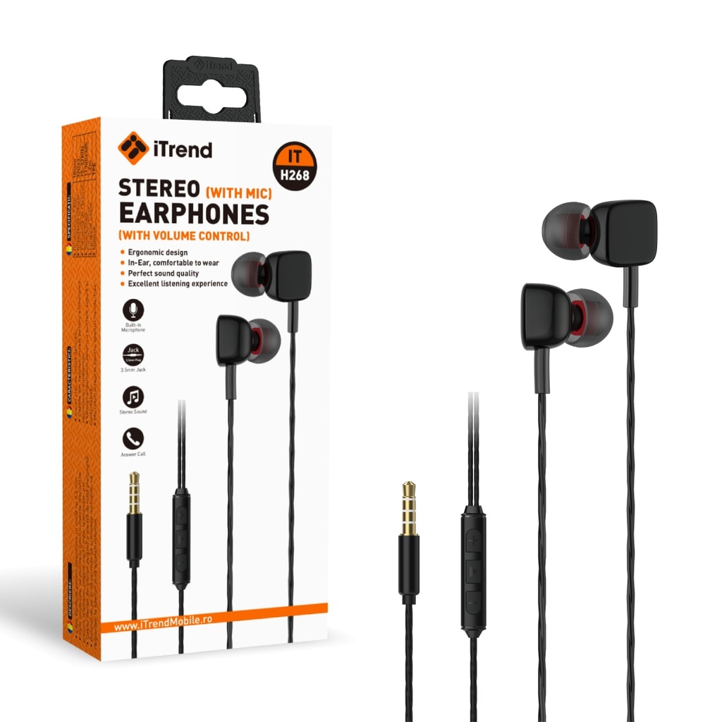 [H268-BK] Wired Earphones, 3.5mm, 1.2m, In Ear, In-Line Microphone and Volume, BLACK (H268)