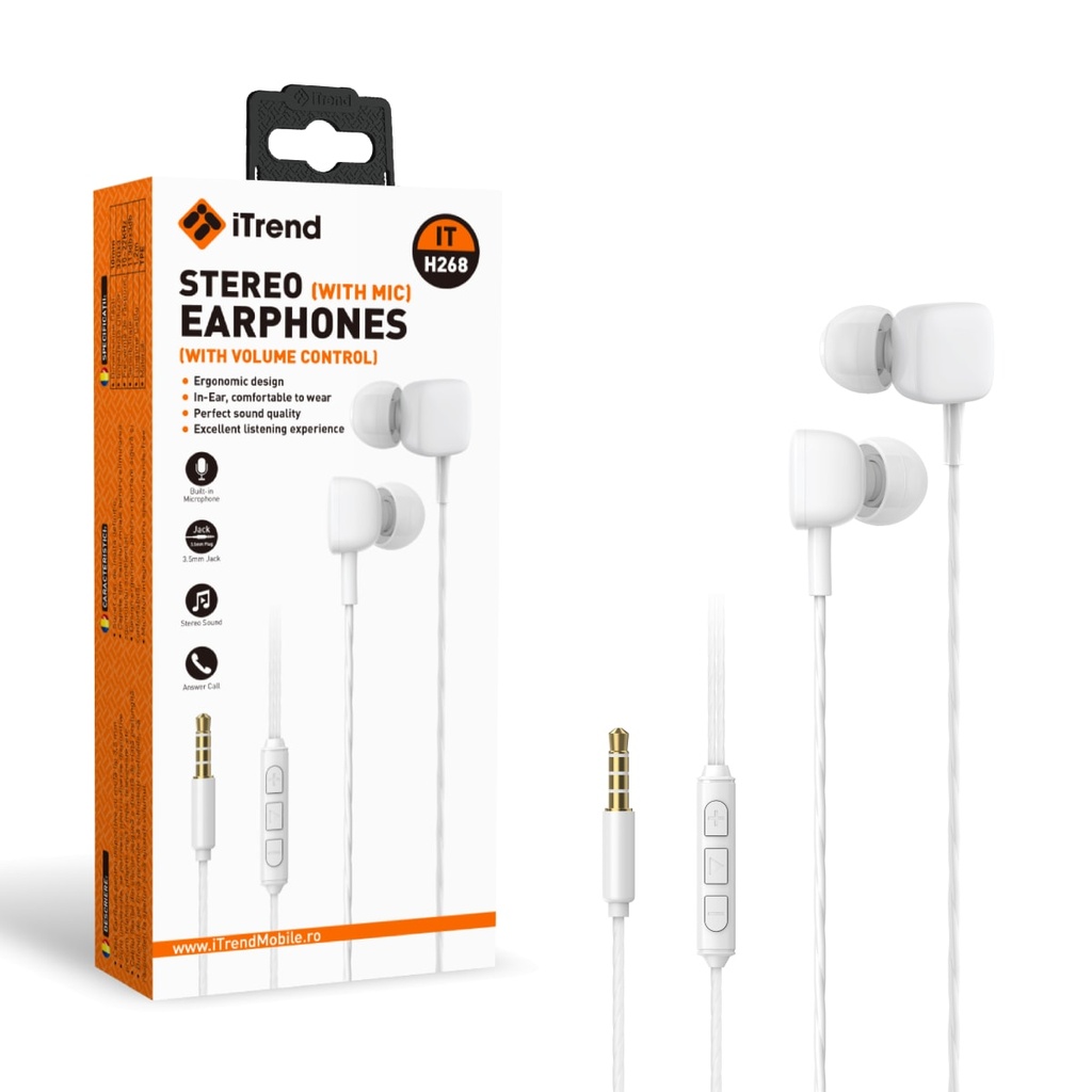 [H268-WH] Wired Earphones, 3.5mm, 1.2m, In Ear, In-Line Microphone and Volume, WHITE (H268)