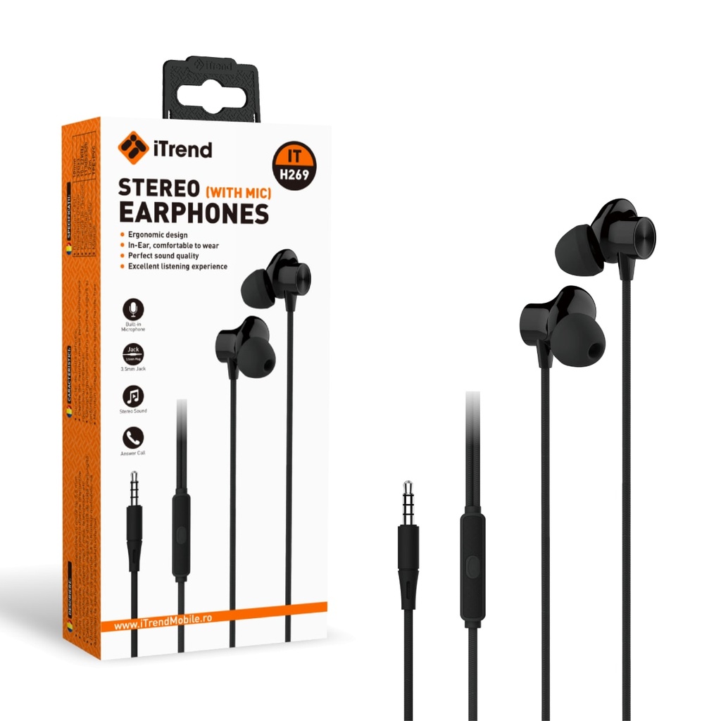 [H269-BK] Casti cu Fir, 3.5mm, 1.2m, In Ear, Microfon pe Fir, NEGRU (H269)