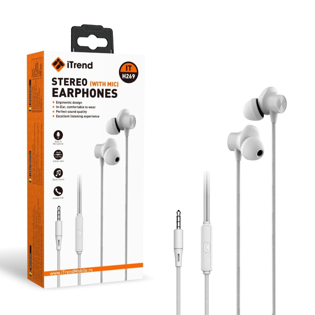 [H269-WH] Casti cu Fir, 3.5mm, 1.2m, In Ear, Microfon pe Fir, ALB (H269)