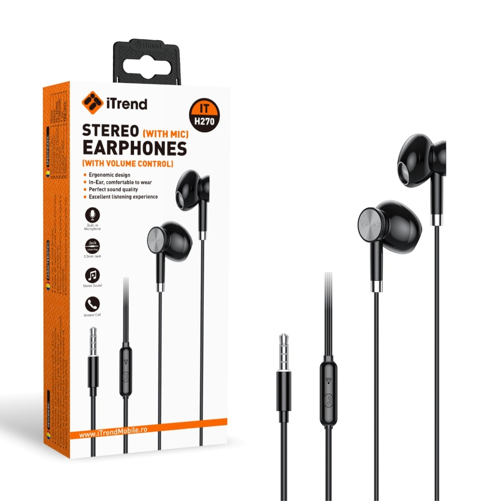 [H270-BK] Wired Earphones, 3.5mm, 1.2m, EarBuds, In-Line Microphone, BLACK (H270)