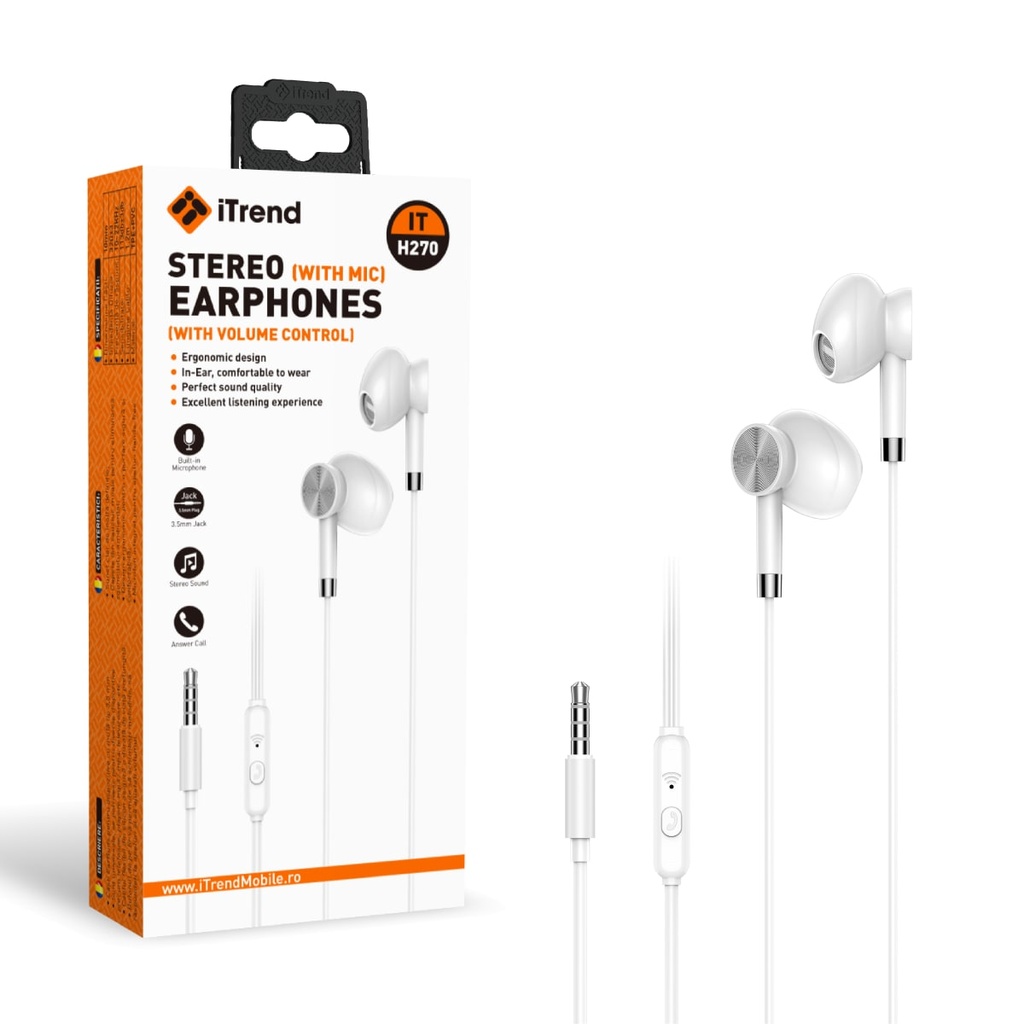 [H270-WH] Wired Earphones, 3.5mm, 1.2m, EarBuds, In-Line Microphone, WHITE (H270)