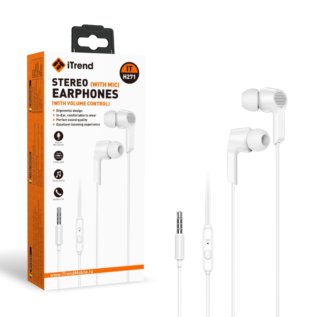 [H271-WH] Casti cu Fir, 3.5mm, 1.2m, In Ear, Microfon pe Fir, ALB (H271)
