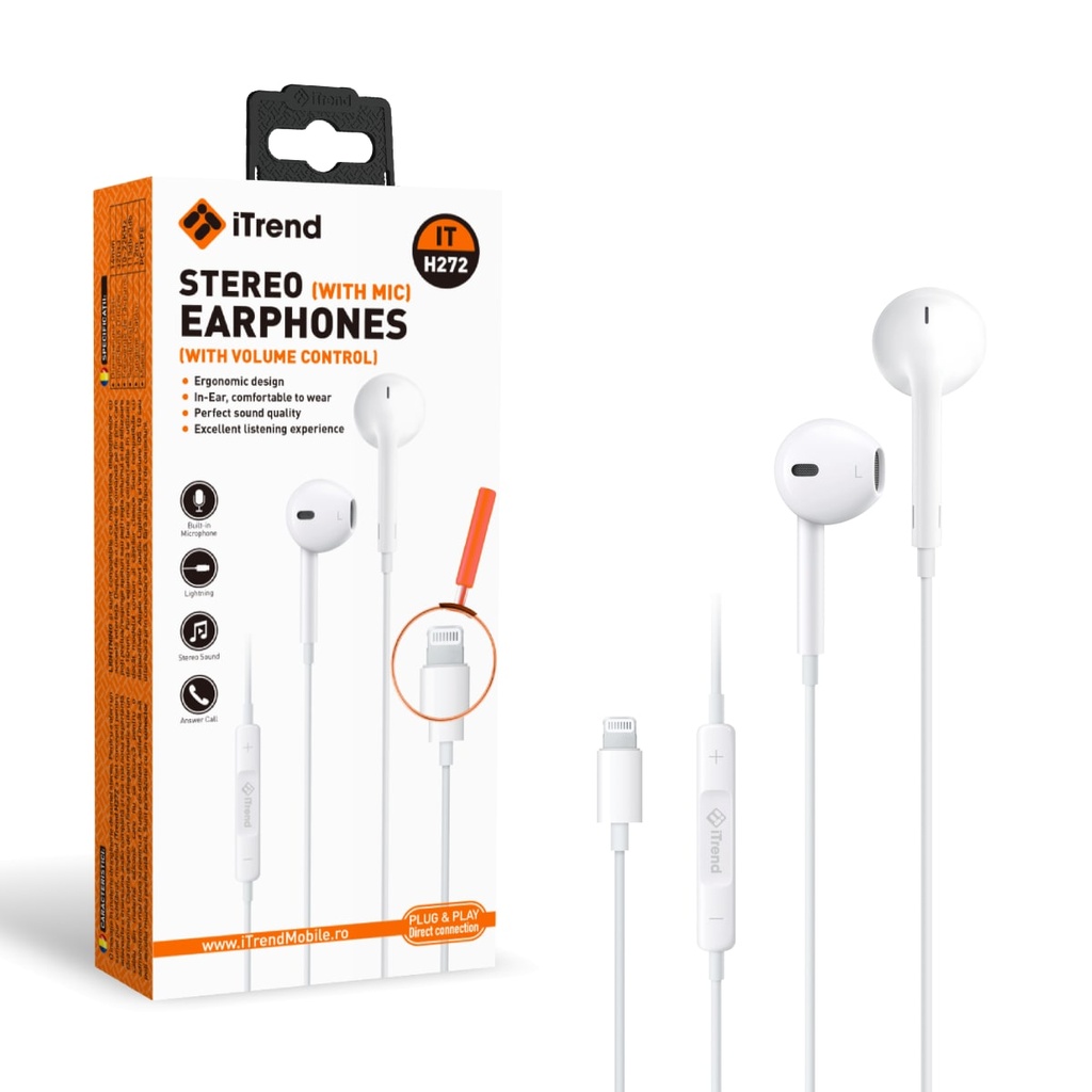 [H272-WH] Casti cu Fir, Lightning, 1.2m, EarBuds, Microfon si Volum pe Fir, ALB (H272)