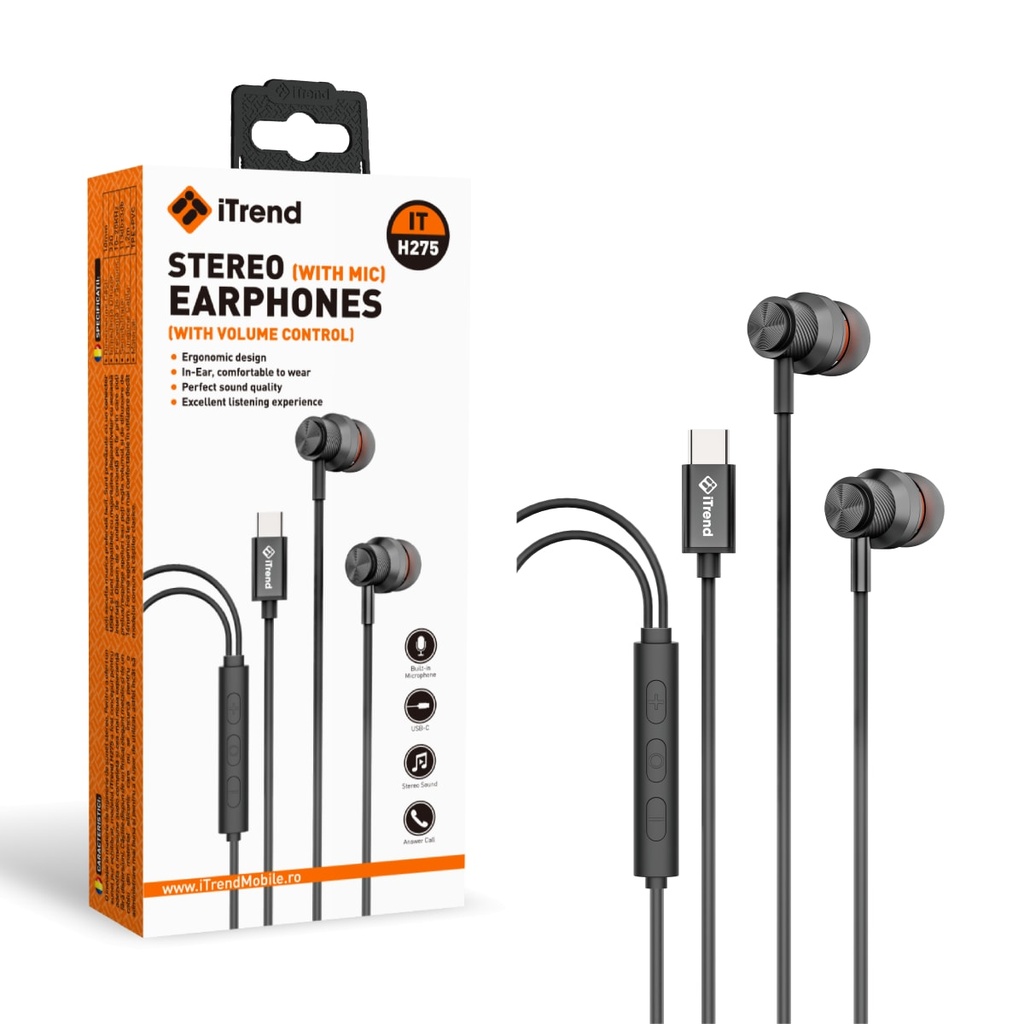 [H275-BK] Wired Earphones, USB-C, 1.2m, In Ear, In-Line Microphone and Volume, BLACK (H275)