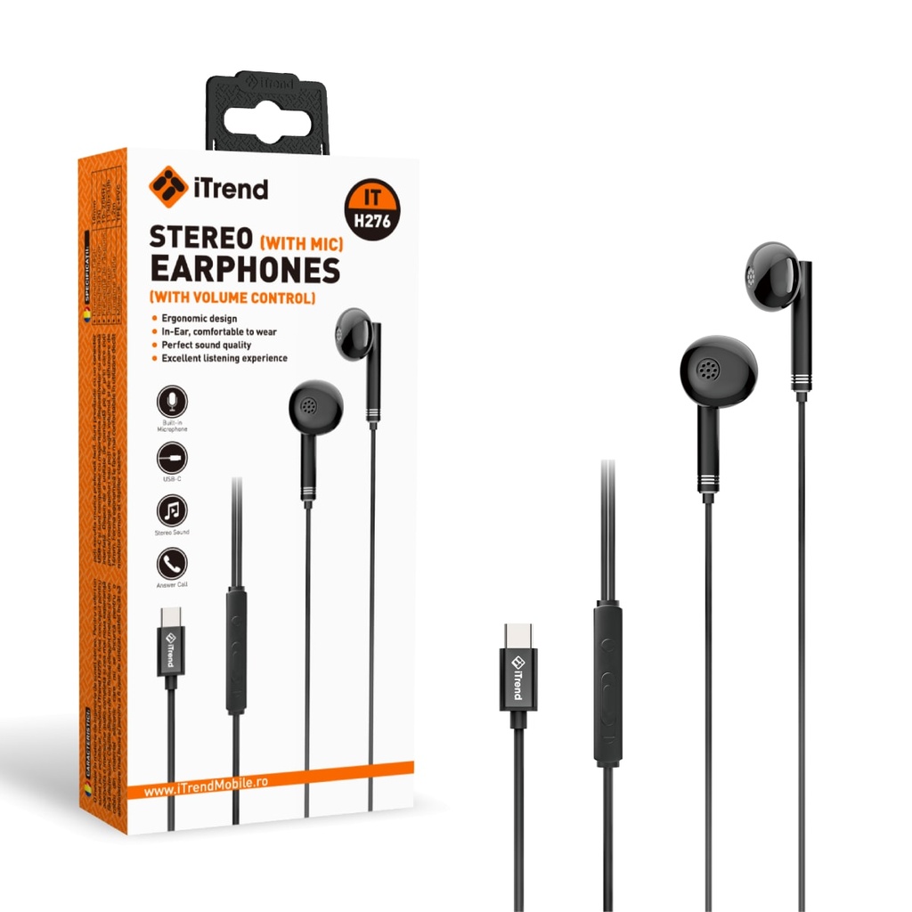 [H276-BK] Casti cu Fir, USB-C, 1.2m, EarBuds, Microfon si Volum pe Fir, NEGRU (H276)