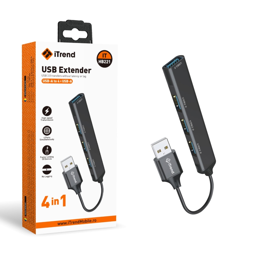 [HB221-BK] Hub USB, USB-A la 4 x USB-A, NEGRU (HB221)