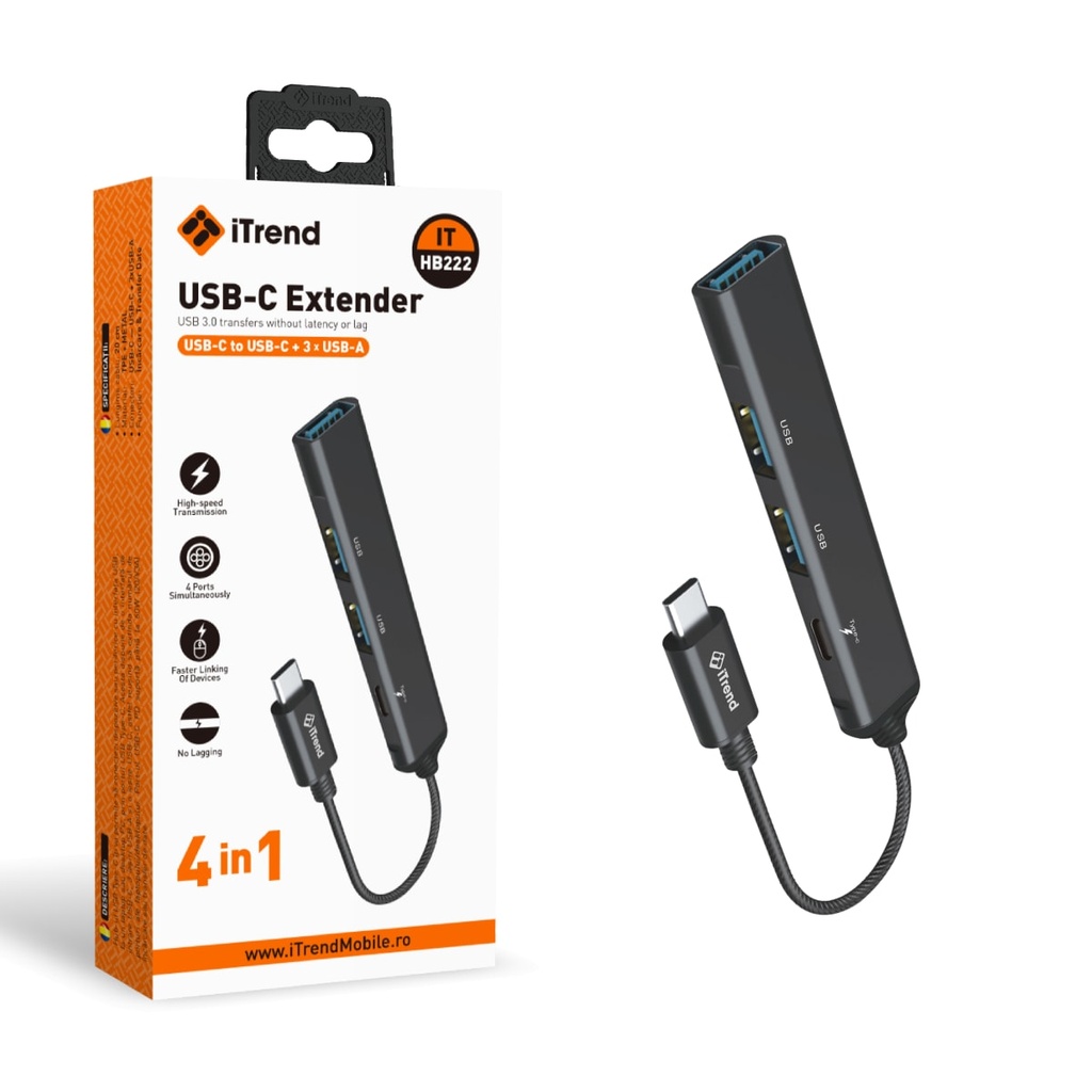 [HB222-BK] Hub USB / USB-C, USB-C la USB-C + 3 x USB-A, NEGRU (HB222)