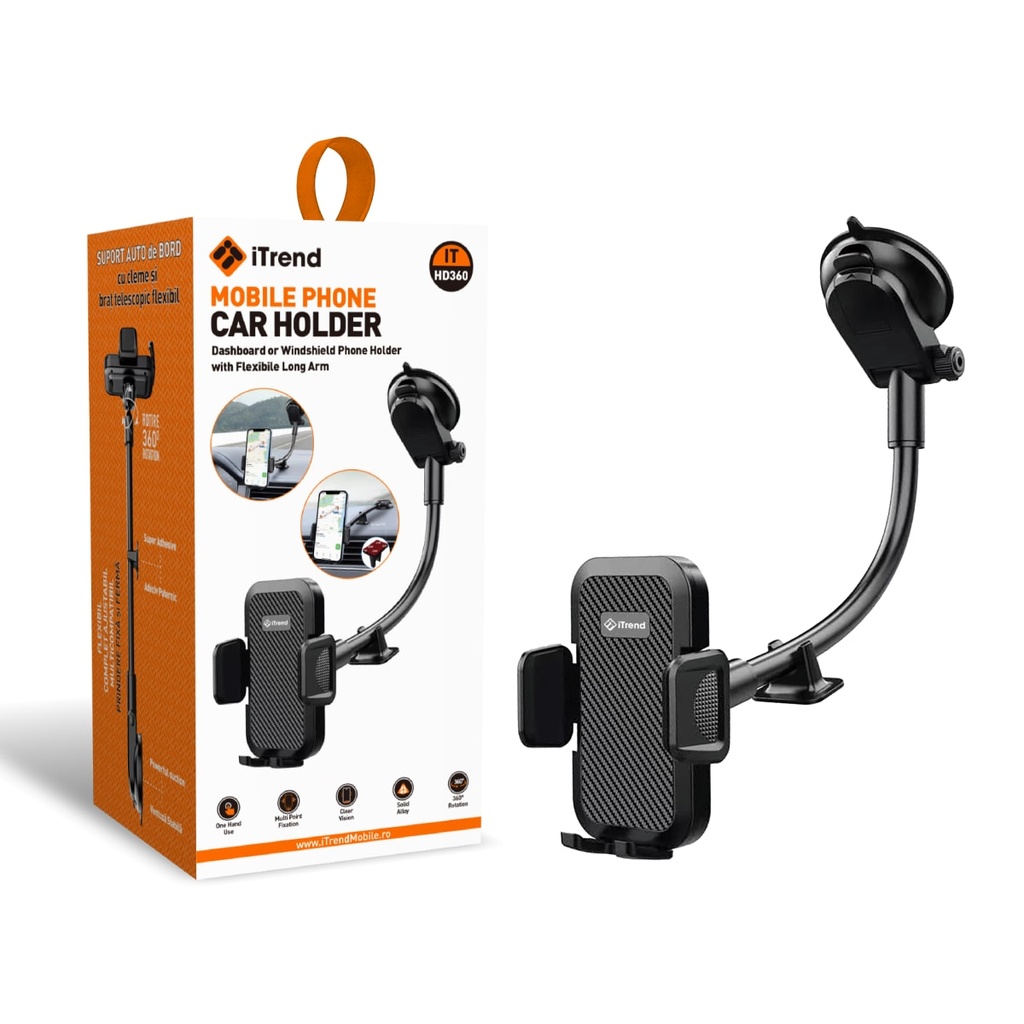 [HD360-BK] Suport Auto, Montaj Bord, Fixare Cleme, Brat Telescopic, Brat Flexibil, NEGRU (HD360)