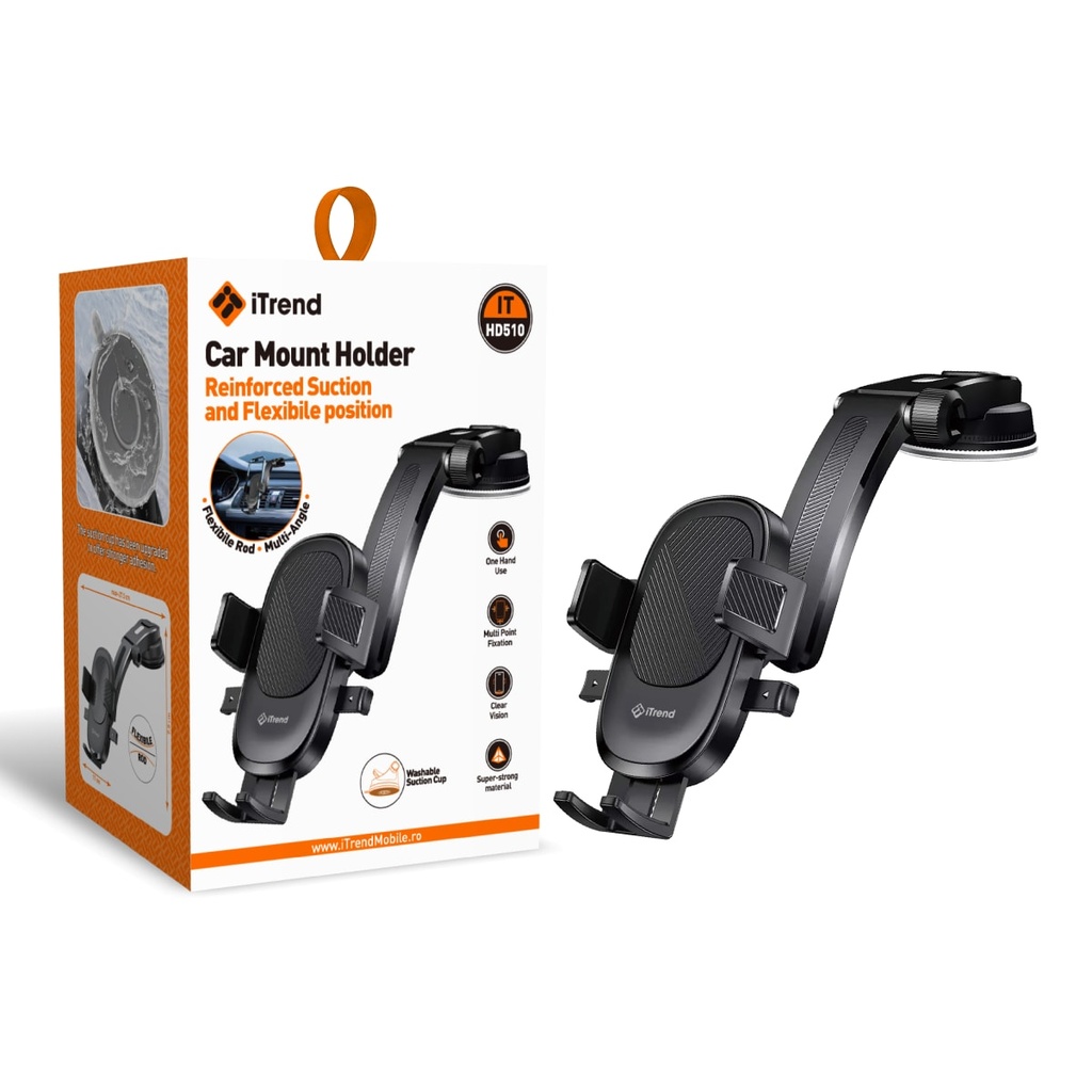 [HD510-BK] Suport Auto, Montaj Bord+Parbriz, Fixare Cleme, Ventuza, Brat Flexibil, NEGRU (HD510)