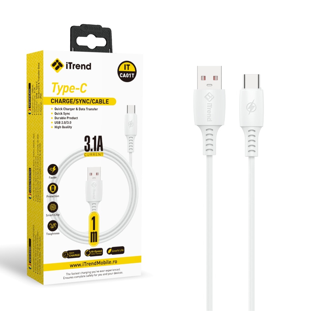 [CA01T-WH] Data and Charging Cable, USB-A to USB-C, 1m, WHITE (CA01T)