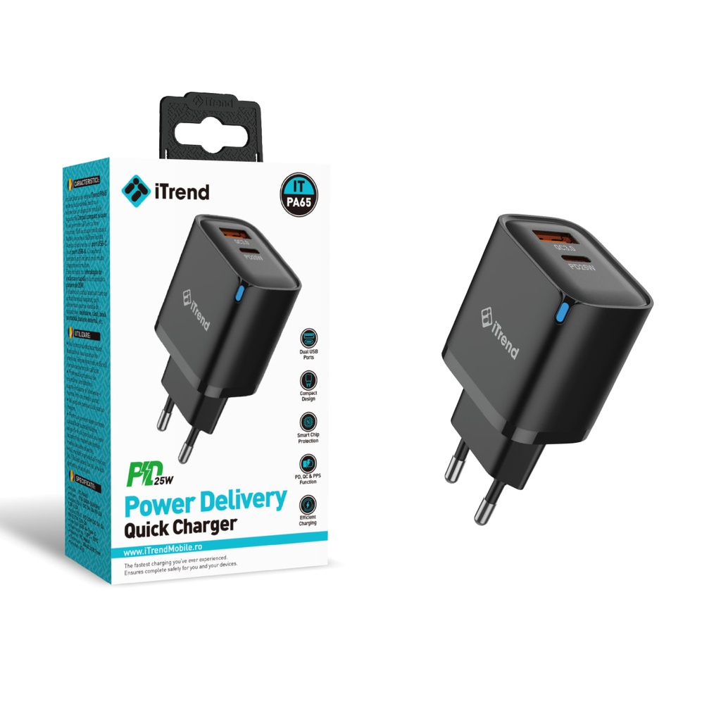 Network Charger, 25W, 1xUSB-C + 1xUSB-A, PD, QC3.0, BLACK (PA65)