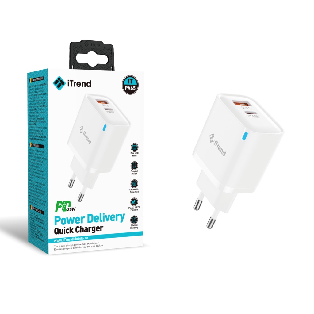 Incarcator Retea, 25W, 1xUSB-C + 1xUSB-A, PD, QC3.0, ALB (PA65)
