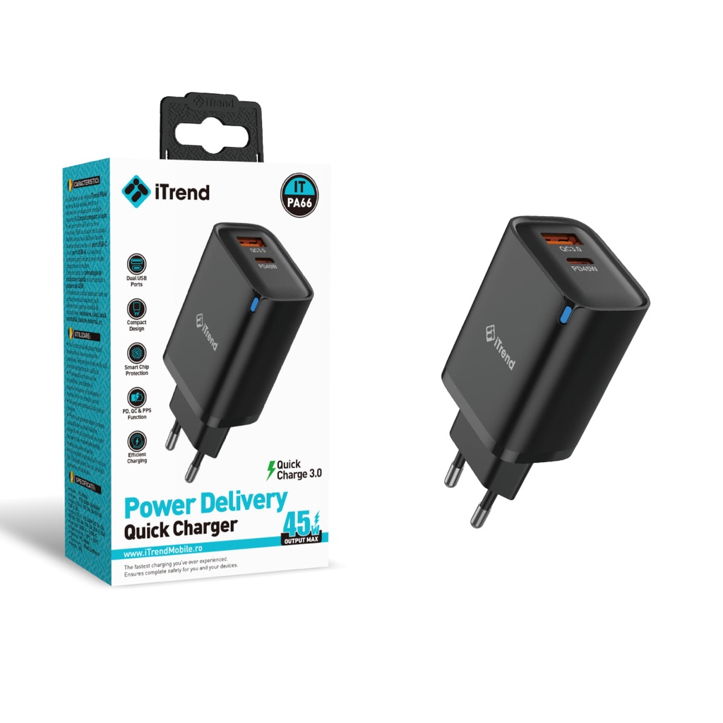 Incarcator Retea, 45W, 1xUSB-C + 1xUSB-A, PD, QC3.0, NEGRU (PA66)