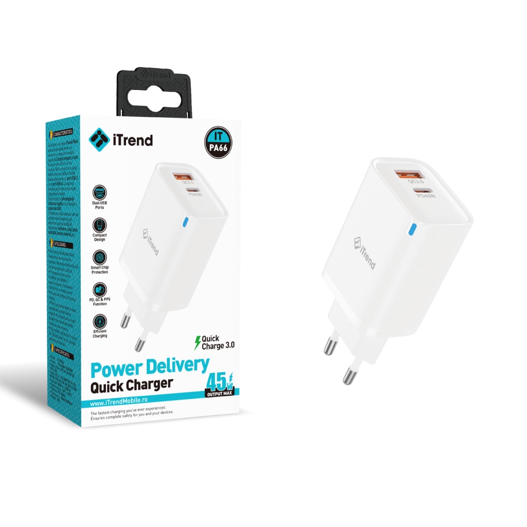 Incarcator Retea, 45W, 1xUSB-C + 1xUSB-A, PD, QC3.0, ALB (PA66)