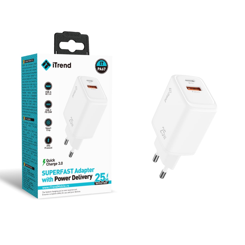 Incarcator Retea, 45W, 1xUSB-C + 1xUSB-A, PD, QC3.0, ALB (PA67)