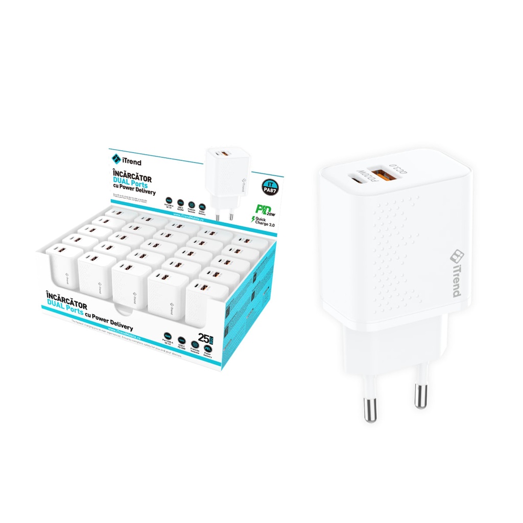 Incarcator Retea, 20W, 1xUSB-C + 1xUSB-A, PD, QC3.0, ALB (PA87)