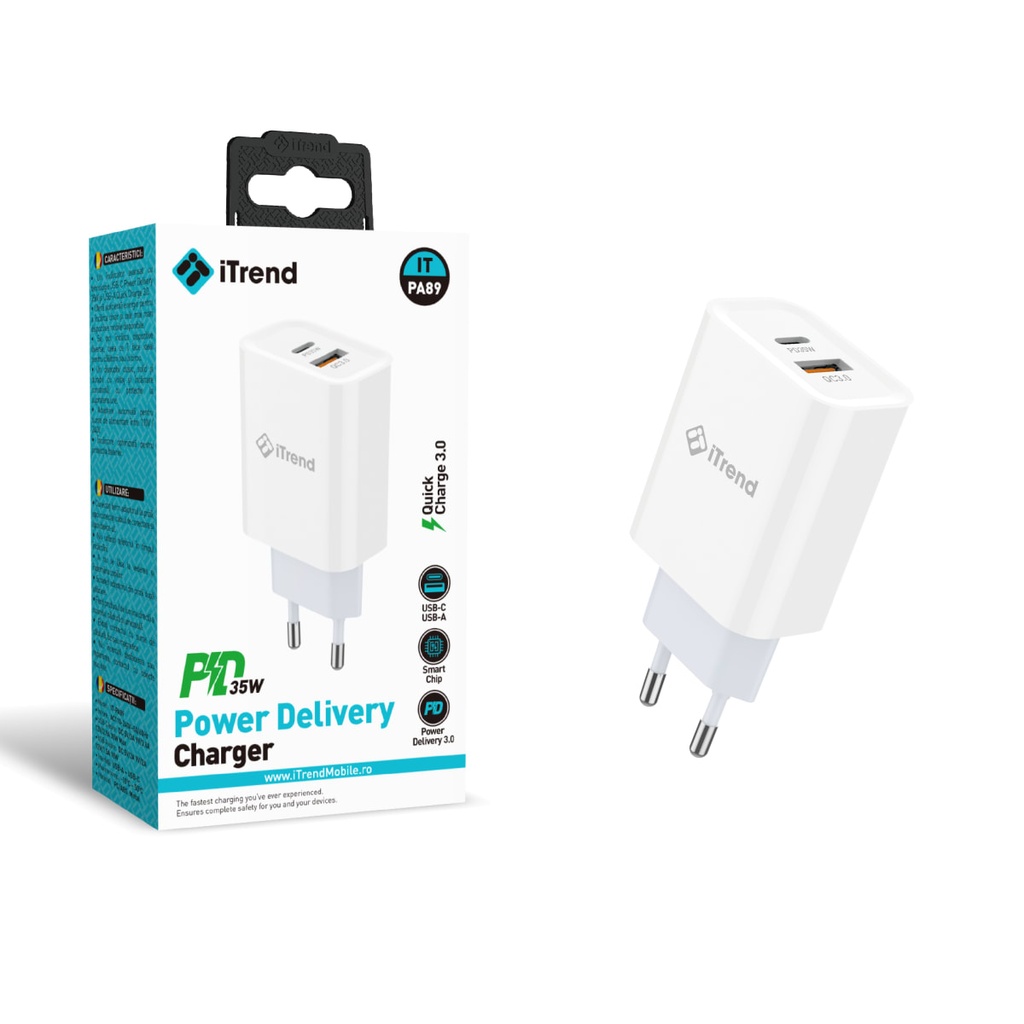 Incarcator Retea, 35W, 1xUSB-C + 1xUSB-A, PD, QC3.0, ALB (PA89)