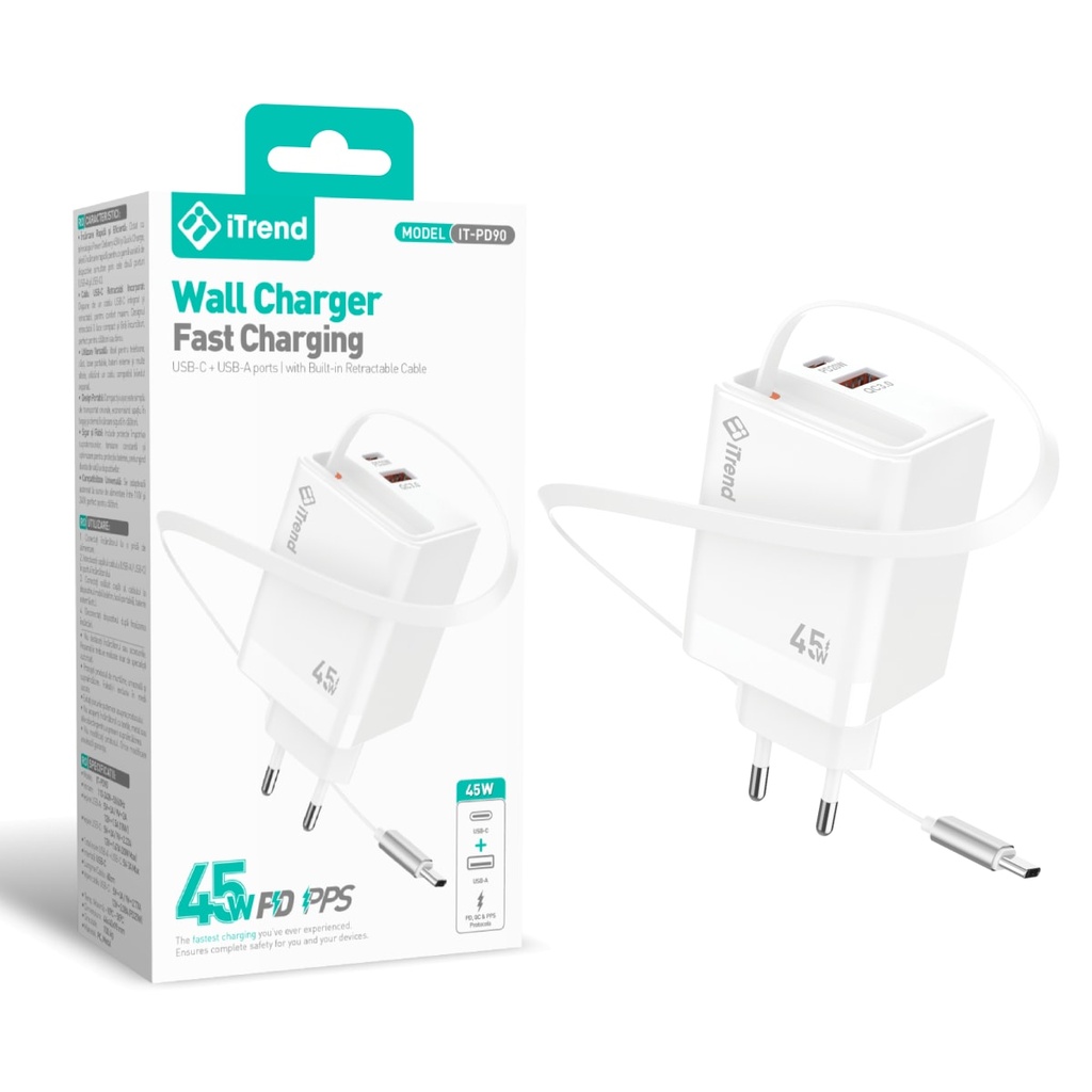 [PA90-WH] Incarcator Retea, 45W, 1xUSB-C, PD, ALB (PA90)