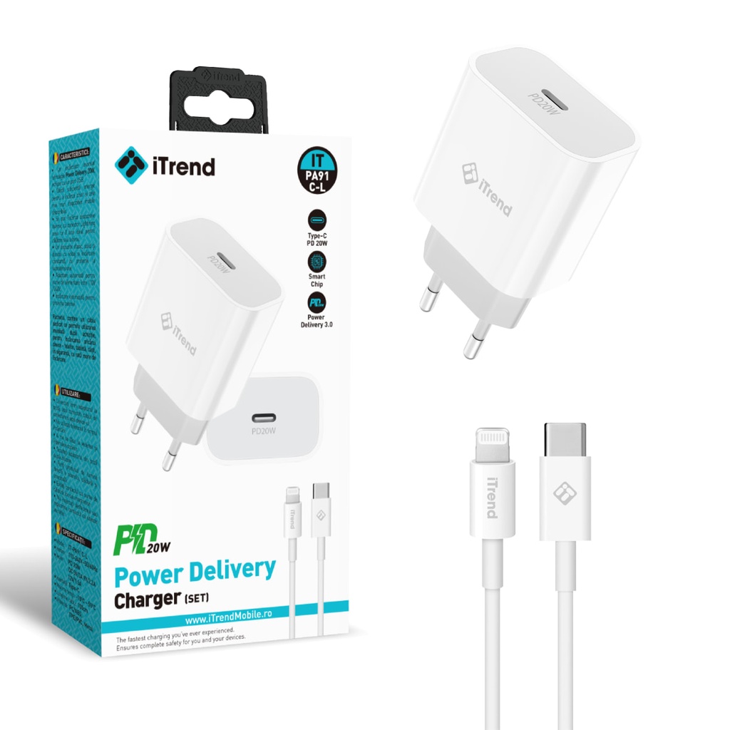 [PA91C-L-WH] Network Charger with Lightning Cable, 1m, 20W, 1xUSB-C, PD, WHITE (PA91C-L)
