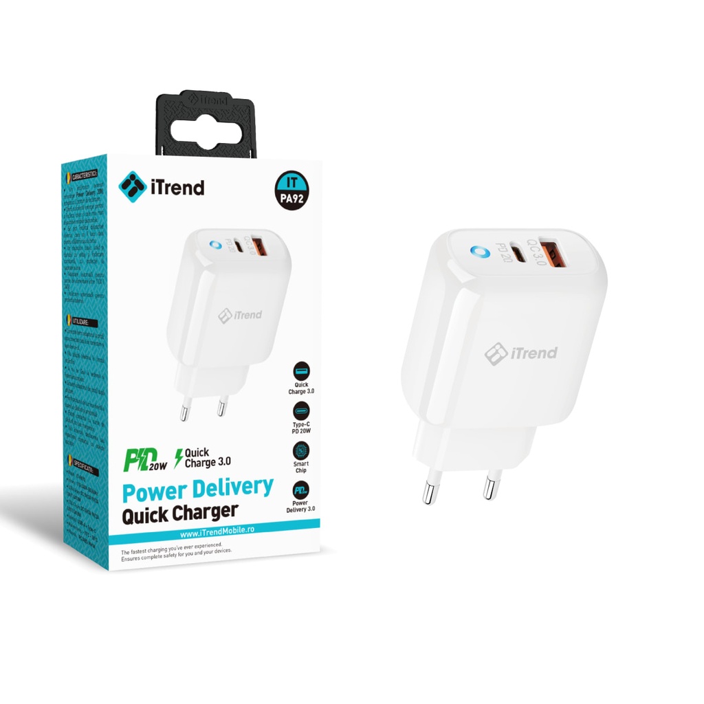 Incarcator Retea, 20W, 1xUSB-C + 1xUSB-A, PD, QC3.0, ALB (PA92)