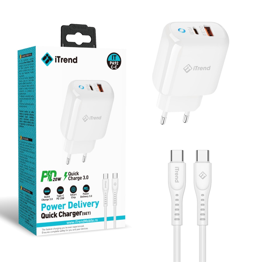[PA92C-C-WH] Incarcator Retea cu Cablu USB-C, 1m, 20W, 1xUSB-C + 1xUSB-A, PD, QC3.0, ALB (PA92C-C)