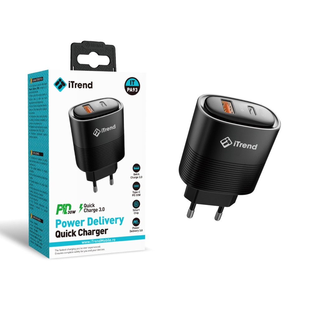 Incarcator Retea, 30W, 1xUSB-C + 1xUSB-A, PD, QC3.0, NEGRU (PA93)