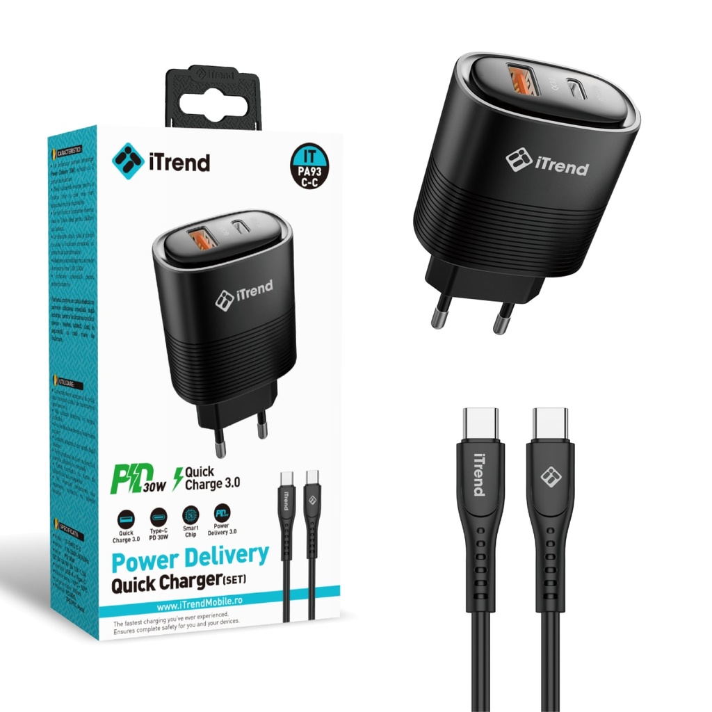 [PA93C-C-BK] Incarcator Retea cu Cablu USB-C, 1m, 30W, 1xUSB-C + 1xUSB-A, PD, QC3.0, NEGRU (PA93C-C)