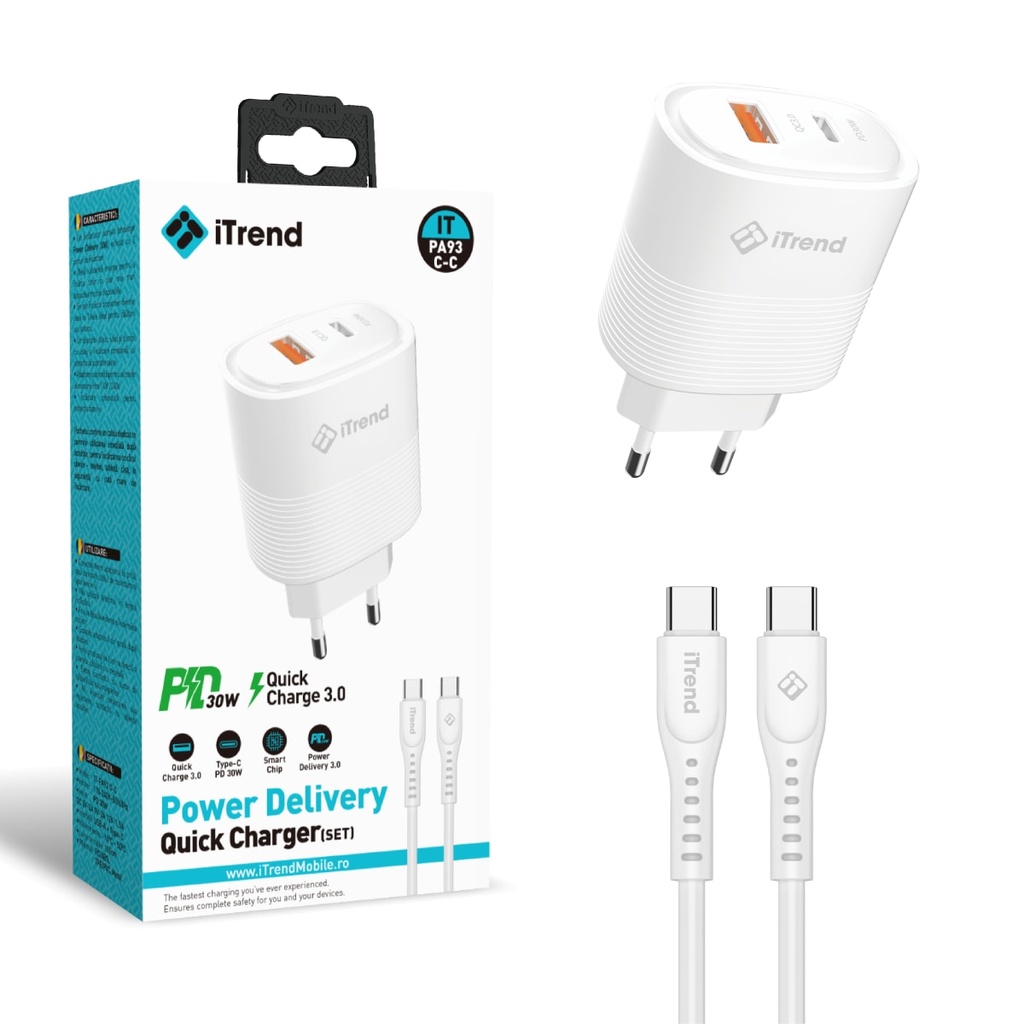 [PA93C-C-WH] Incarcator Retea cu Cablu USB-C, 1m, 30W, 1xUSB-C + 1xUSB-A, PD, QC3.0, ALB (PA93C-C)