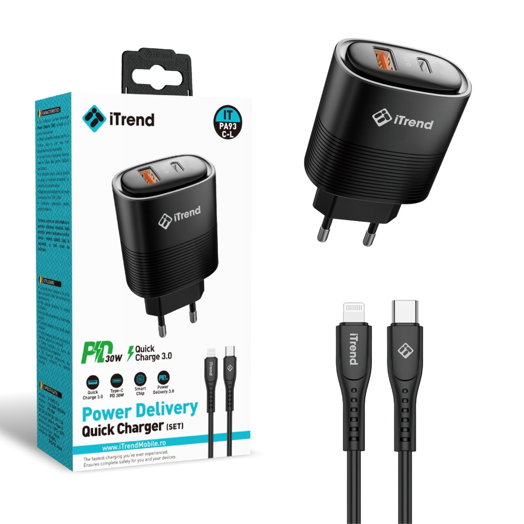 [PA93C-L-BK] Incarcator Retea cu Cablu Lightning, 1m, 30W, 1xUSB-C + 1xUSB-A, PD, QC3.0, NEGRU (PA93C-L)